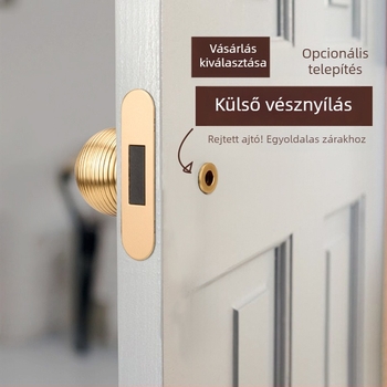 Rejtett ajtó egyoldali golyófogóval, láthatatlan kilincs faajtóhoz, aranyos hátterű fal, kamrai zár, könnyed luxus