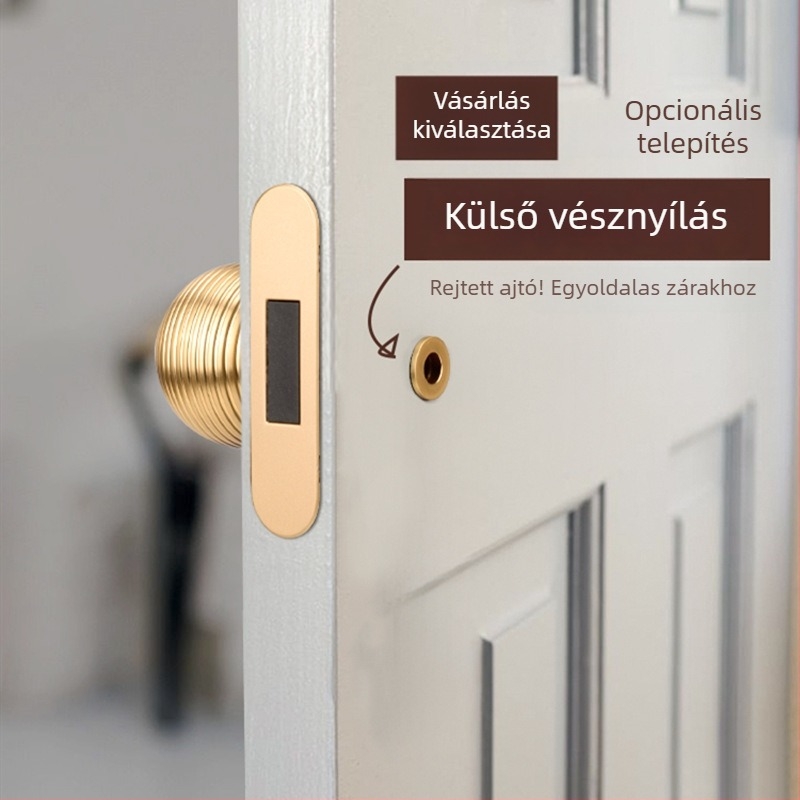 Rejtett ajtó egyoldali golyófogóval, láthatatlan kilincs faajtóhoz, aranyos hátterű fal, kamrai zár, könnyed luxus