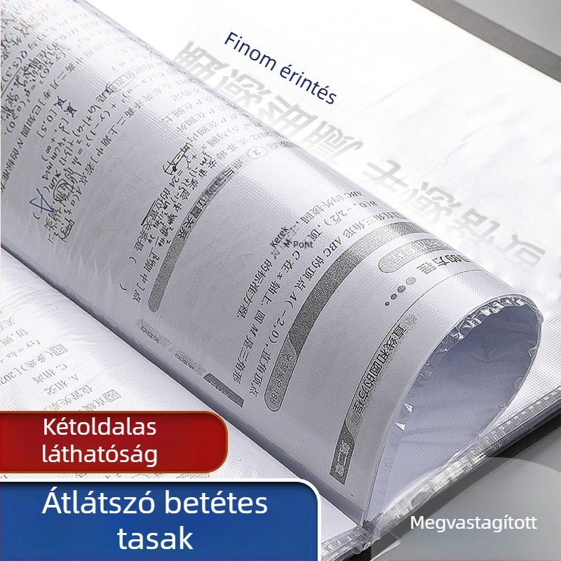 Fekete A4-es mappa átlátszó betétzsebekkel, többszintes információs szervező dokumentumokhoz és tananyagokhoz