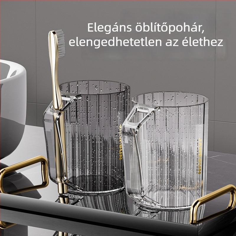 Átlátszó szájöblítő pohár fogantyúval, hengeres kialakítású