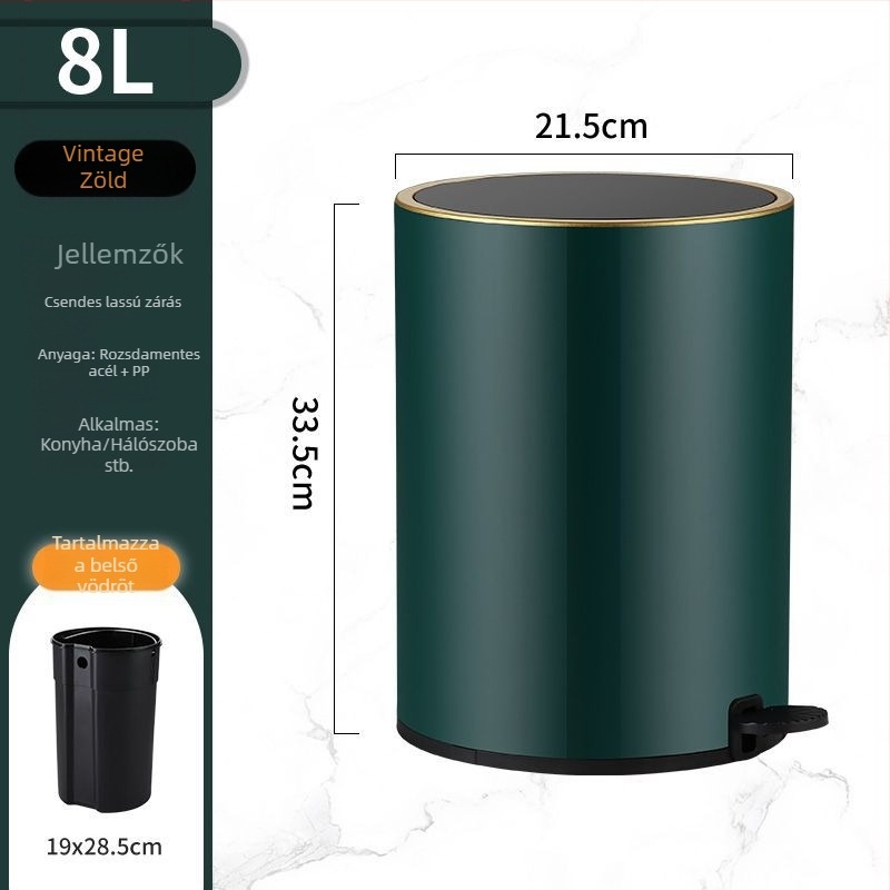 Rozsdamentes acél pedálos szemetes fedővel, 8 L, hordó alakú, konyha, fürdőszoba, nappali és iroda számára