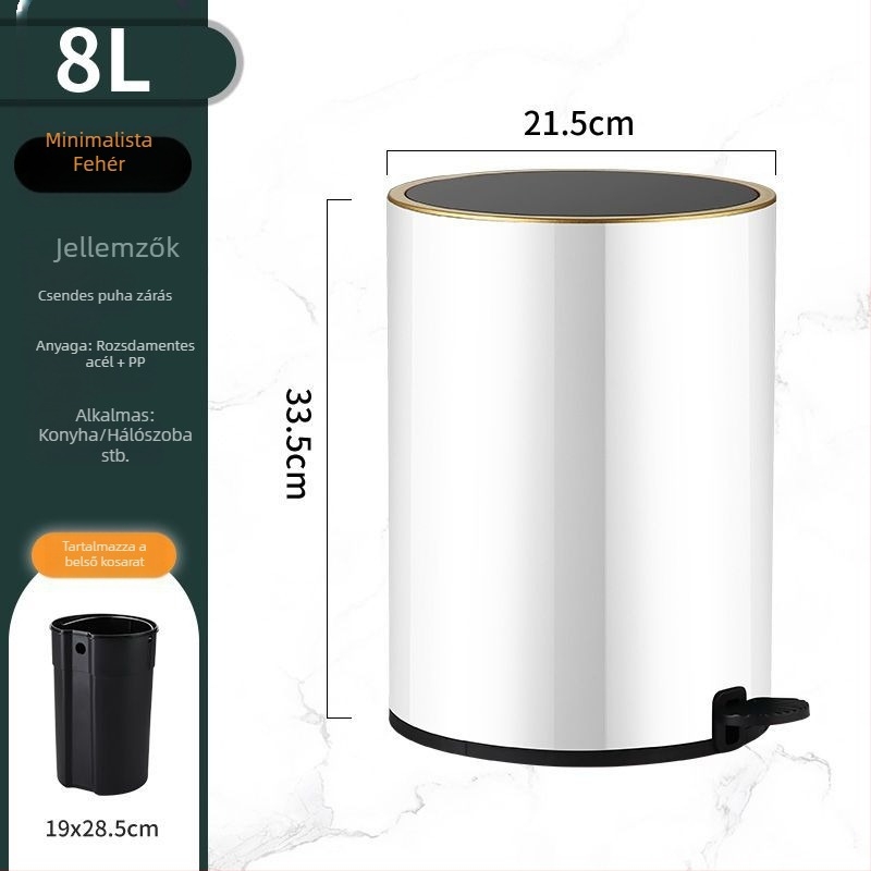 Rozsdamentes acél pedálos szemetes fedővel, 8 L, hordó alakú, konyha, fürdőszoba, nappali és iroda számára