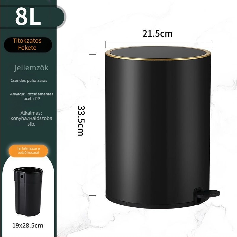 Rozsdamentes acél pedálos szemetes fedővel, 8 L, hordó alakú, konyha, fürdőszoba, nappali és iroda számára