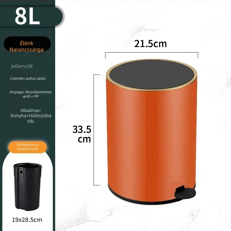 Rozsdamentes acél pedálos szemetes fedővel, 8 L, hordó alakú, konyha, fürdőszoba, nappali és iroda számára
