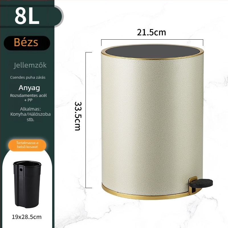 Rozsdamentes acél pedálos szemetes fedővel, 8 L, hordó alakú, konyha, fürdőszoba, nappali és iroda számára