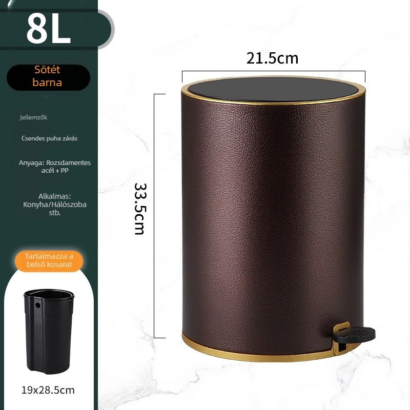 Rozsdamentes acél pedálos szemetes fedővel, 8 L, hordó alakú, konyha, fürdőszoba, nappali és iroda számára