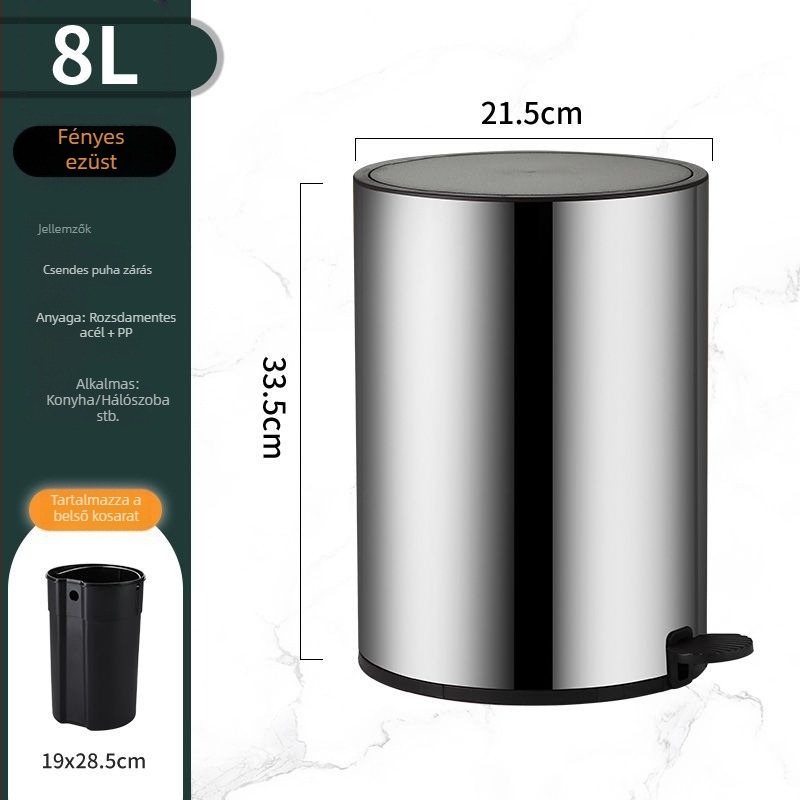 Rozsdamentes acél pedálos szemetes fedővel, 8 L, hordó alakú, konyha, fürdőszoba, nappali és iroda számára