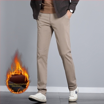 Férfi üzleti casual nadrág fleece béléssel, téli meleg, egyenes szabás, egyszínű, övvel