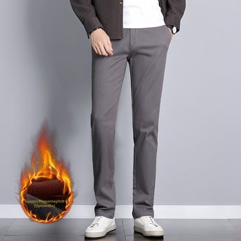 Férfi üzleti casual nadrág fleece béléssel, téli meleg, egyenes szabás, egyszínű, övvel