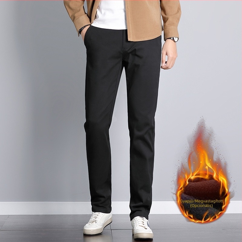Férfi üzleti casual nadrág fleece béléssel, téli meleg, egyenes szabás, egyszínű, övvel