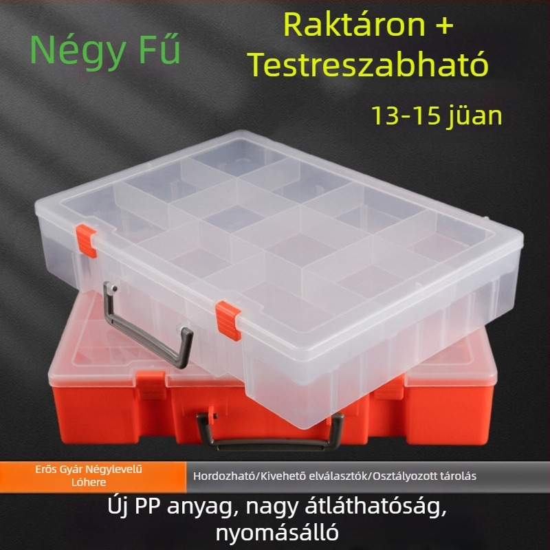 Műanyag tároló doboz felnyitható fedéllel, átlátszó, nagy kapacitású, kisebb alkatrészek és játékok rendezésére.
