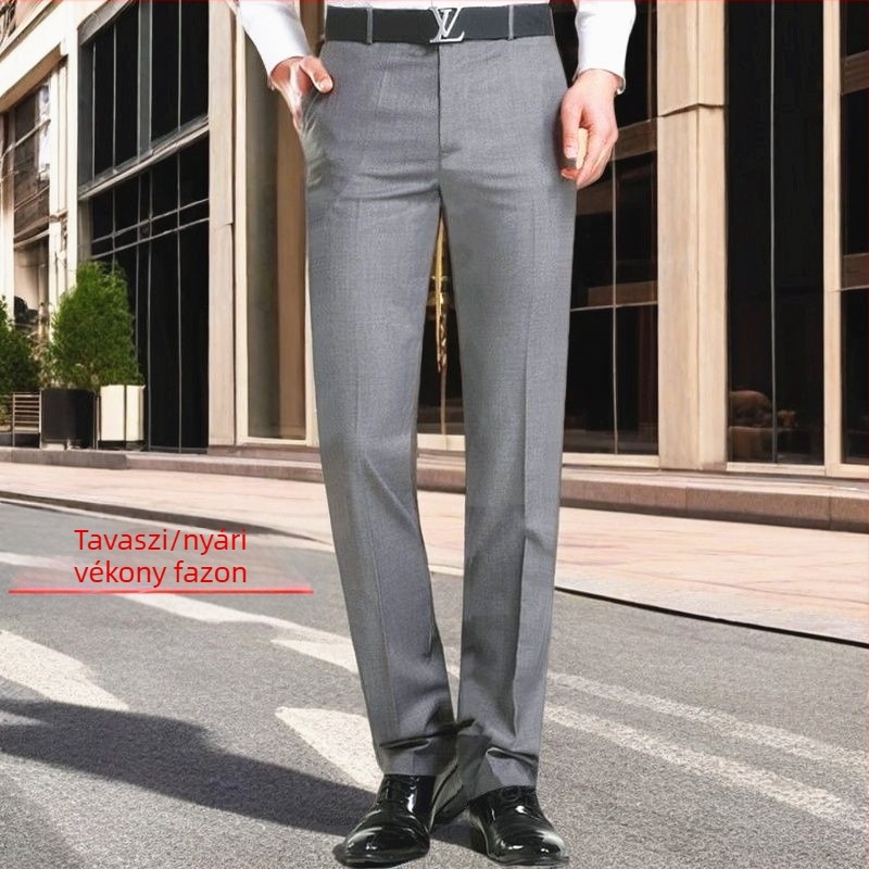 Férfiak slim-fit üzleti nadrág, egyenes szabás, fekete, rugalmas anyag, kiváló esés