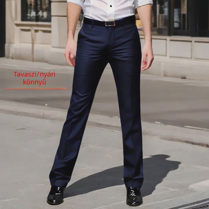 Férfiak slim-fit üzleti nadrág, egyenes szabás, fekete, rugalmas anyag, kiváló esés