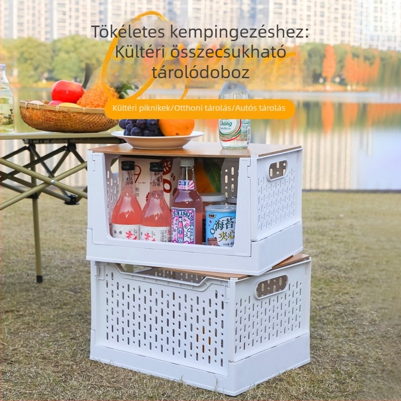 Összecsukható kültéri kemping tároló doboz fa fedéllel, autócsomagtartó rendező és piknikre való tároló