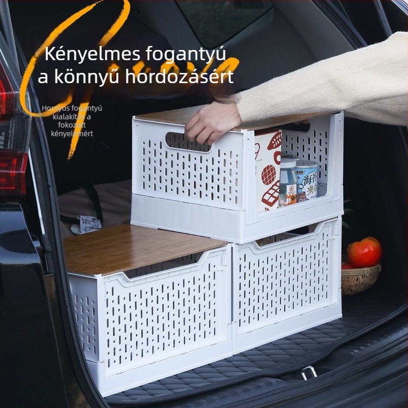 Összecsukható kültéri kemping tároló doboz fa fedéllel, autócsomagtartó rendező és piknikre való tároló