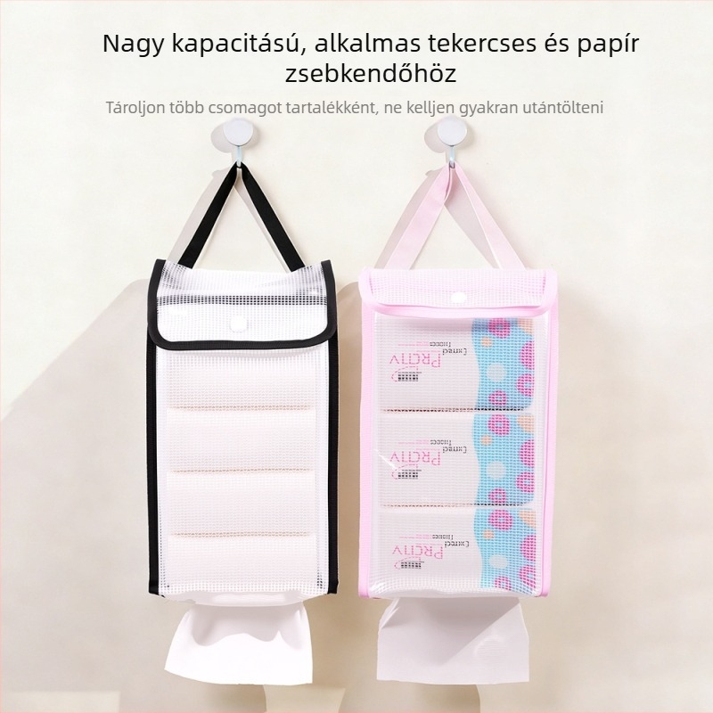 Hálós anyagból készült függő papírzsebkendő-tároló – fürdőszobába és kollégiumba