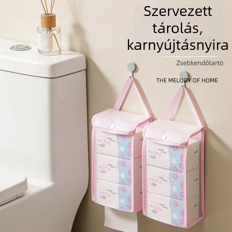 Hálós anyagból készült függő papírzsebkendő-tároló – fürdőszobába és kollégiumba