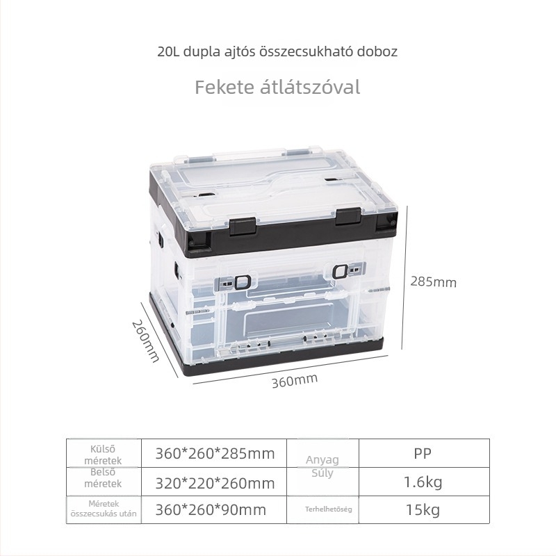 Átlátszó összecsukható tároló doboz oldalsó nyílással, színben harmonizált, rakható (20L, 28L, 50L, 65L)