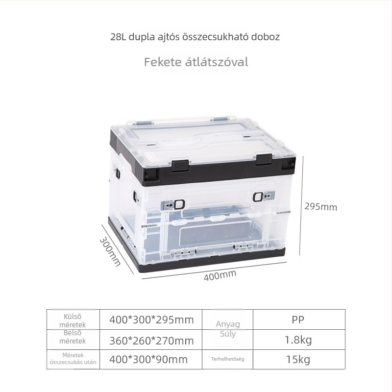 Átlátszó összecsukható tároló doboz oldalsó nyílással, színben harmonizált, rakható (20L, 28L, 50L, 65L)