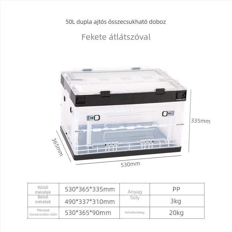 Átlátszó összecsukható tároló doboz oldalsó nyílással, színben harmonizált, rakható (20L, 28L, 50L, 65L)