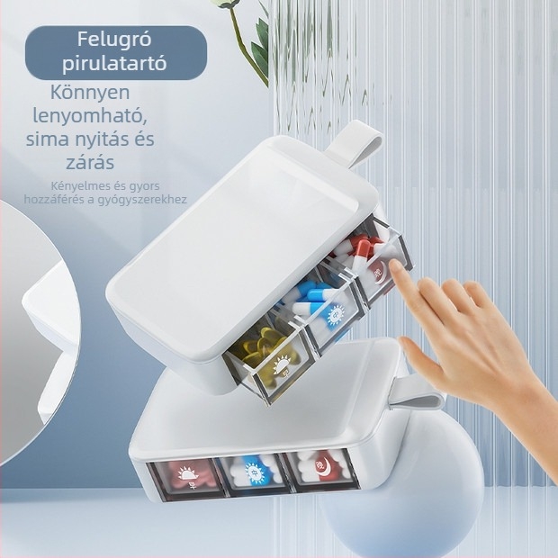 Élelmiszer-biztonsági minőségű hordozható tablettás doboz, három rekesszel, otthoni használatra