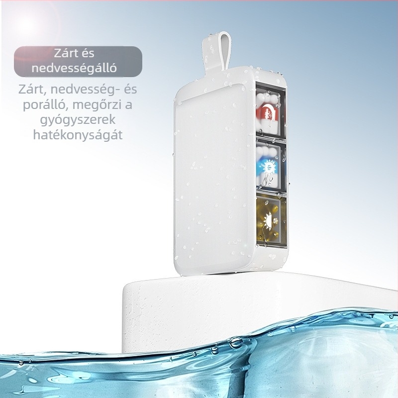 Élelmiszer-biztonsági minőségű hordozható tablettás doboz, három rekesszel, otthoni használatra