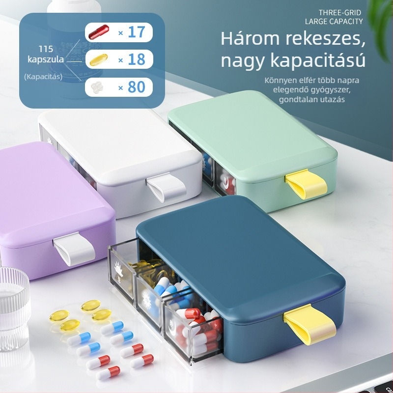 Élelmiszer-biztonsági minőségű hordozható tablettás doboz, három rekesszel, otthoni használatra