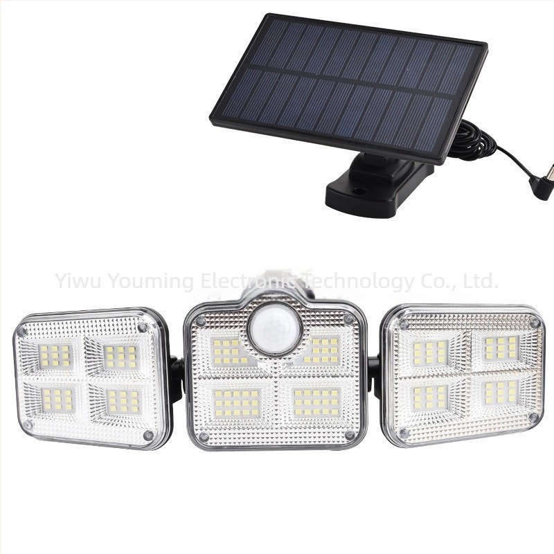 Napelemes 138 LED-es háromfejű szenzoros falikar, külön érzékelő, kültéri vízálló kert- és udvarlámpa