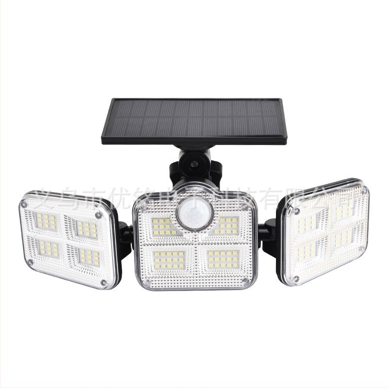 Napelemes 138 LED-es háromfejű szenzoros falikar, külön érzékelő, kültéri vízálló kert- és udvarlámpa