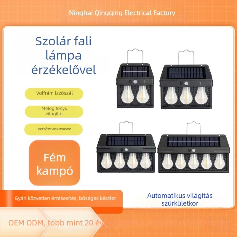 Új kültéri napelemes falikar mozgásérzékelővel, vízálló wolfram szálas lámpa kertbe és villába