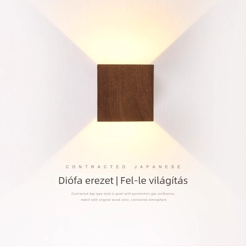 Modern kínai stílusú LED falikar, minimalistikus négyszögletes kivitel, dió színű, hálószoba és folyosó számára