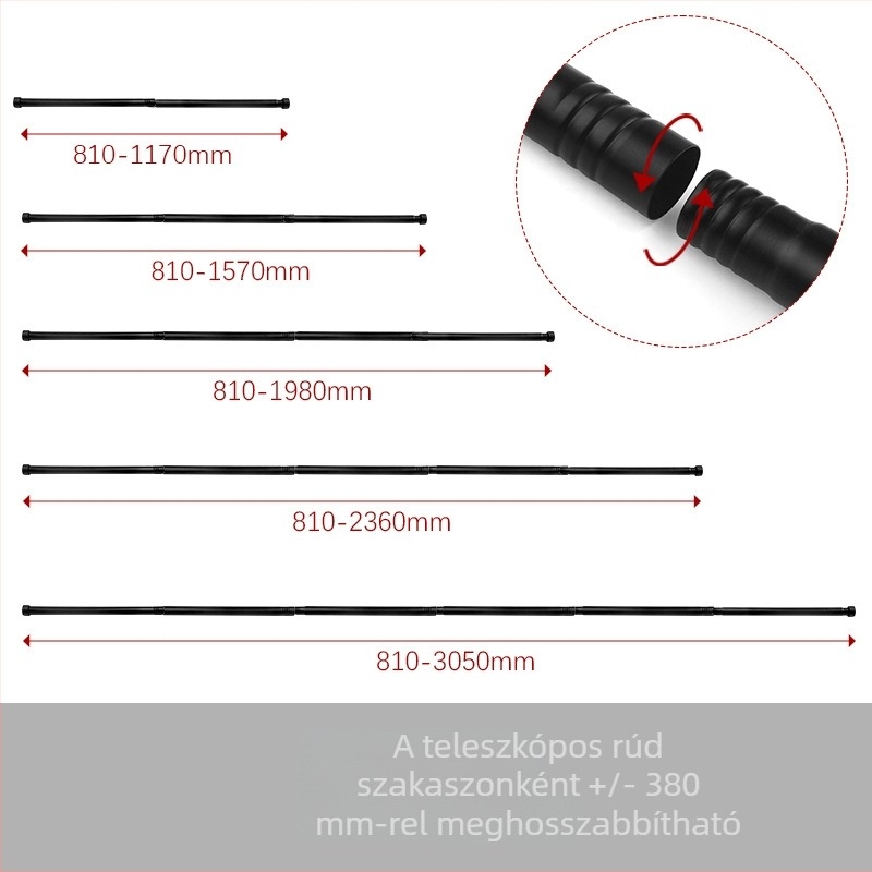 Csavart összecsukható függönyrúda, 400 mm hosszú, átmérő 2,5 cm, vasból, összekapcsolható