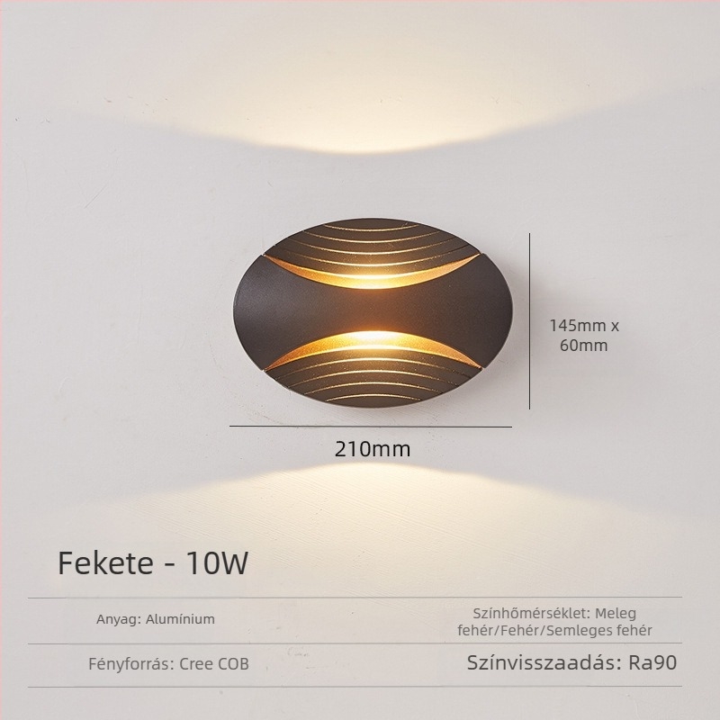 LED kültéri falikar, vízálló, ovális alakú, ideális a kertbe, folyosóra, lépcsőházba és hálószobába, fel- és lefelé világítással.