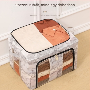 Ruha tároló doboz acélkerettel, két előre néző ablakkal, hosszú fogantyúval, összecsukható, átlátható tároló