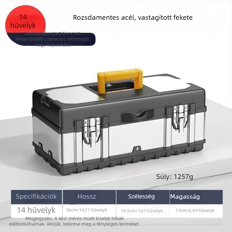Hordozható fémdoboz szerszámkészlettel és tárolóval