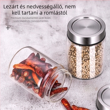 Hőálló boroszilikát üvegből készült fűszeres edény rozsdamentes acél nedvességálló fedővel, élelmiszer-tárolás, többfunkciós