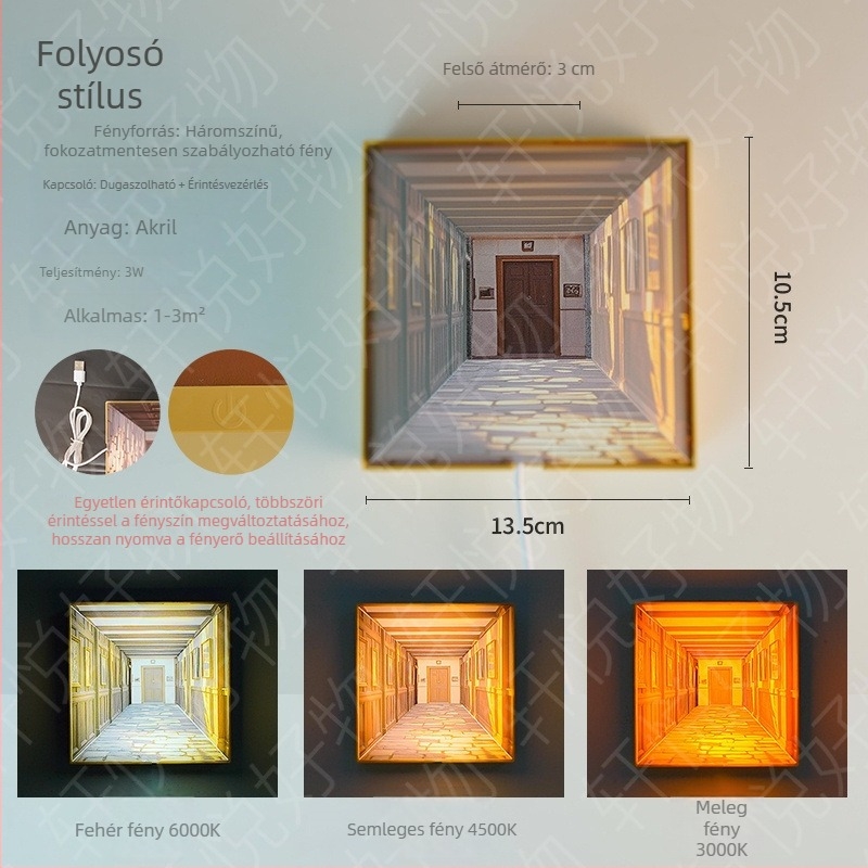 3D-s vizuális éjszakai lámpa falra szerelhető, geometrikus kialakítású, fúrás nélkül, akrilból