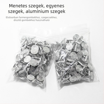 Textíliákhoz való fém rögzítőelemek: menetelt szegecsek, egyenes szegecsek, alumínium szegecsek, farmer szegecsek, gombok és dekoratív díszítő elemek