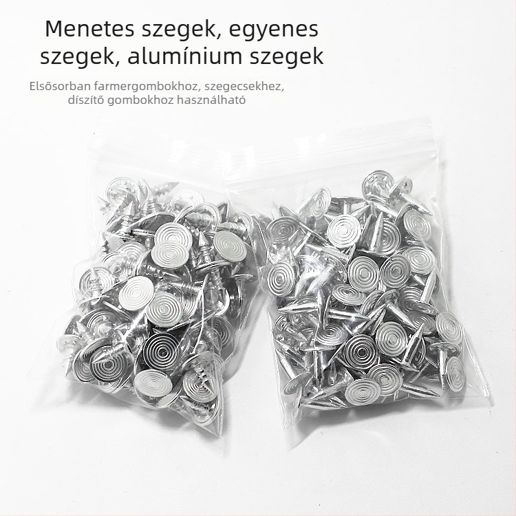 Textíliákhoz való fém rögzítőelemek: menetelt szegecsek, egyenes szegecsek, alumínium szegecsek, farmer szegecsek, gombok és dekoratív díszítő elemek