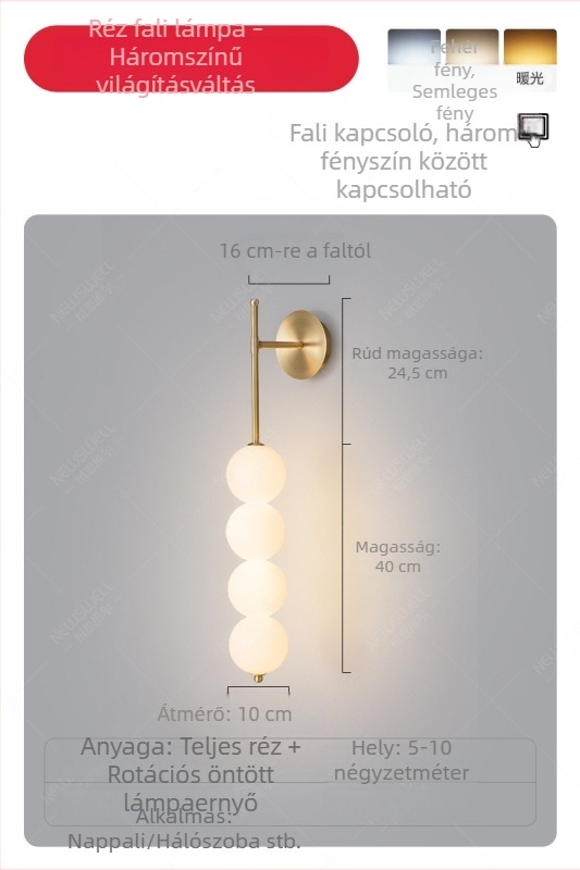 Tök alakú fali lámpa, üvegburás árnyékolóval, réz test, LED világítás, skandináv stílus