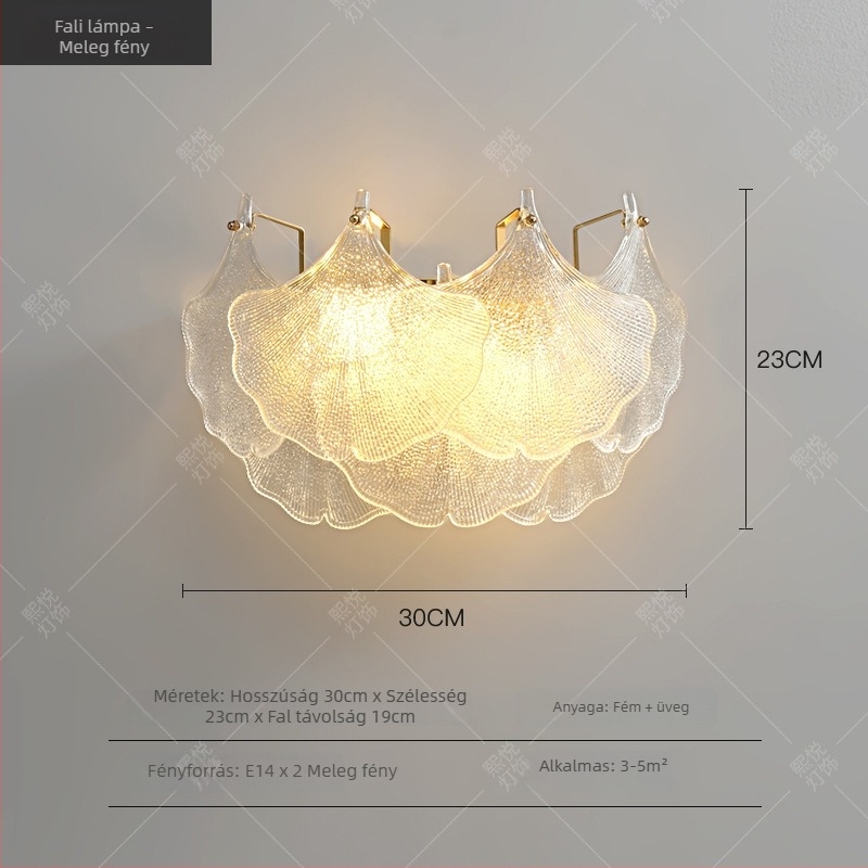 Ginkgo levél formájú üveggel készült falikar hálószobába, éjszakai lámpa nappaliba és előszobába, LED világítással állítható, modern minimalista stílus