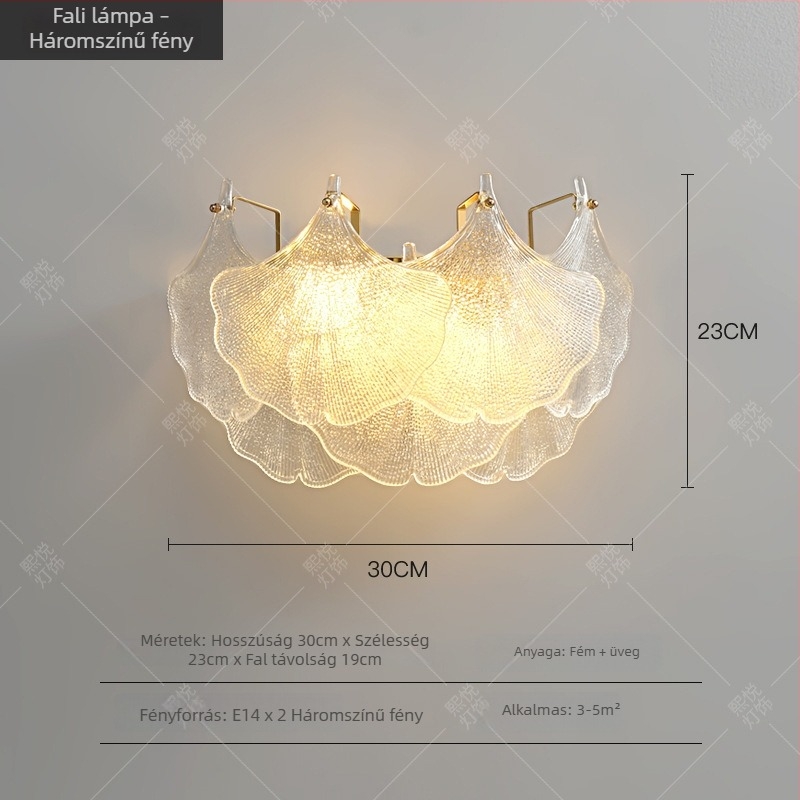 Ginkgo levél formájú üveggel készült falikar hálószobába, éjszakai lámpa nappaliba és előszobába, LED világítással állítható, modern minimalista stílus