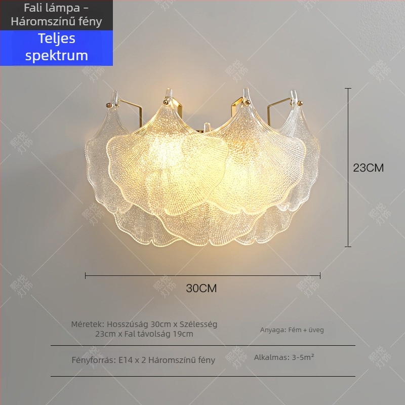Ginkgo levél formájú üveggel készült falikar hálószobába, éjszakai lámpa nappaliba és előszobába, LED világítással állítható, modern minimalista stílus