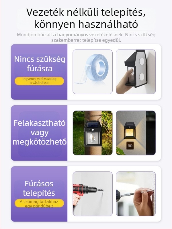 Napelemmel működő kültéri vízálló falikar kerthez, udvarhoz és villa bejáratához mozgásérzékelővel