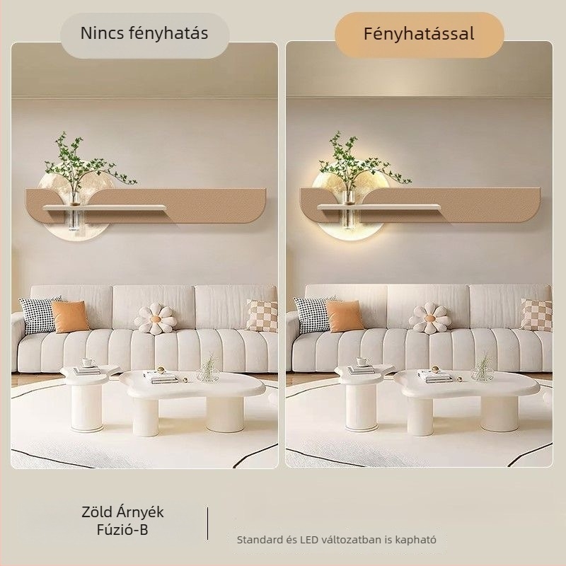Krém színű nappali falikép hidropóniás zöld növényekkel, DIY virágkompozícióval, vízszintes elrendezésű holdfényes falikar és homokköves panel
