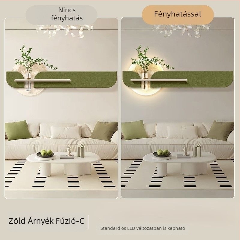 Krém színű nappali falikép hidropóniás zöld növényekkel, DIY virágkompozícióval, vízszintes elrendezésű holdfényes falikar és homokköves panel