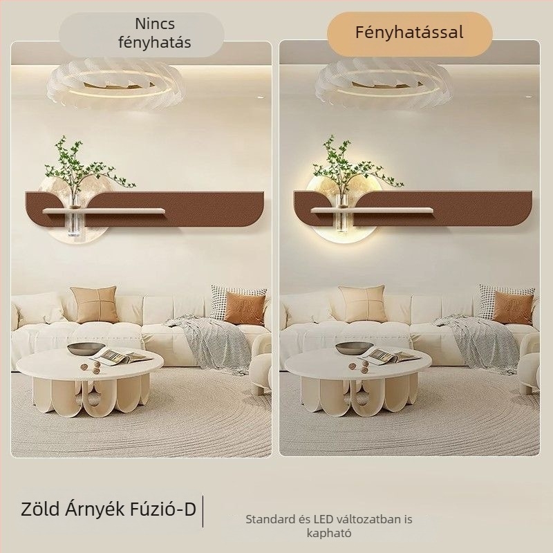 Krém színű nappali falikép hidropóniás zöld növényekkel, DIY virágkompozícióval, vízszintes elrendezésű holdfényes falikar és homokköves panel