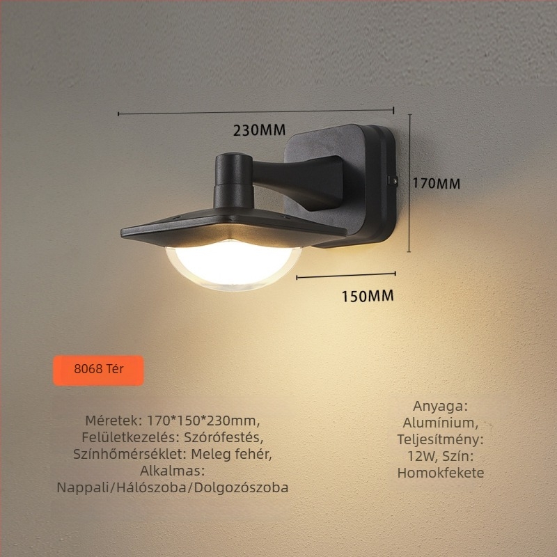 LED kültéri vízálló falikar belső és külső használatra – alumínium ház, IP65, 170×150×230 mm, falra szerelhető, luxus kinézet