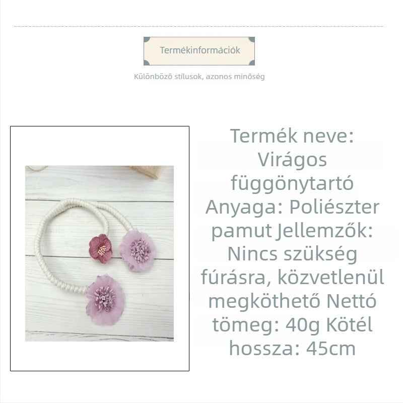 Virágmintás függönyzsinór és csat, lyukmentes, nappaliba való