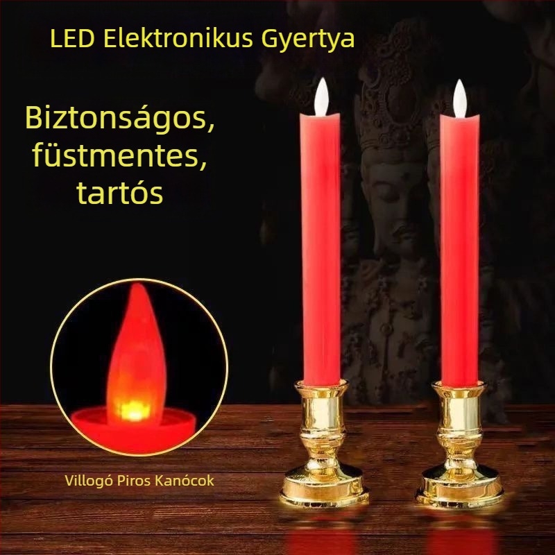 Piros LED-es elektronikus gyertya, hosszú élettartalmú akkumulátor, füstmentes, házavatóra és esküvőkre